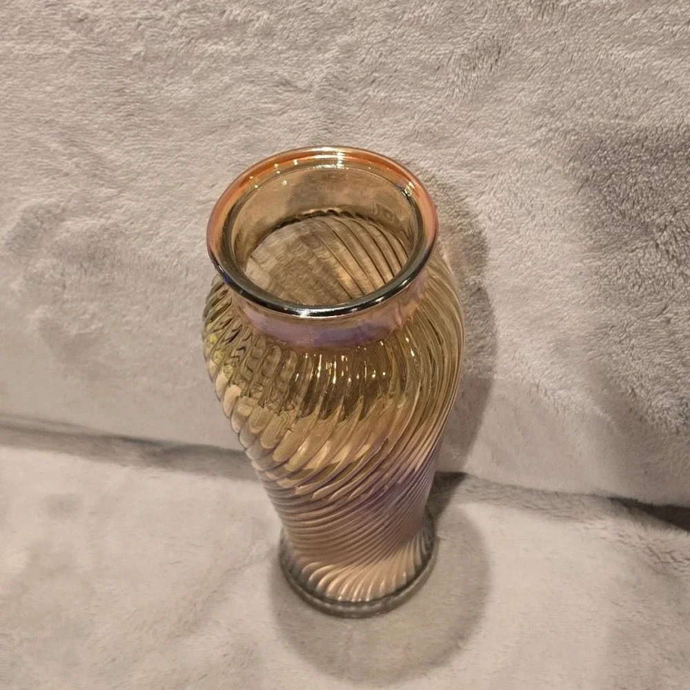 Vintage Amber Iridescent Carnival Glass Swirl Optic Vase Decorative Centerpiece